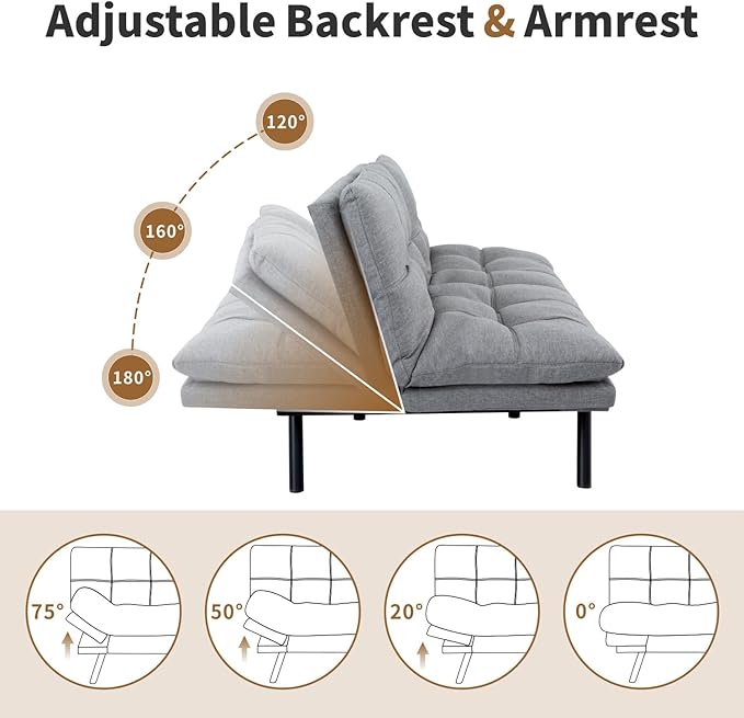 MUUEGM Futon Sofa Bed 71 Convertible Memory Foam Sofa Couch with Adjustable Backrest &amp Armrests Modern Upholstered Sleeper Couch for Small Spaces Living Room &amp Apartment Linen Fabric Lih