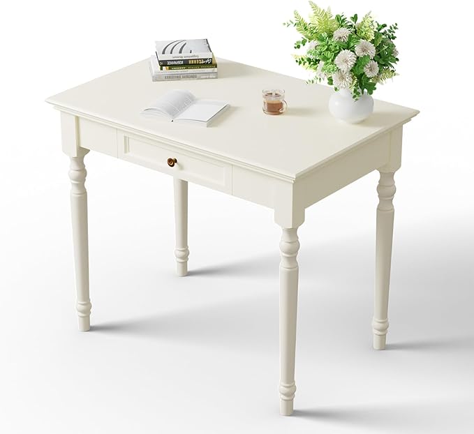 ADORZ 35’’ White Desk with Drawers Solid Wood French Country Desk for Home Office Study Room Bedroom – Ideal for Storage and Organization