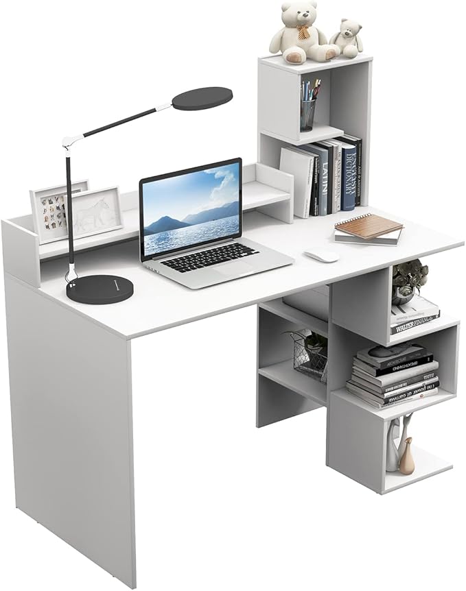 Tangkula White Desk with Storage Bookshelf &amp Hutch 48” Modern Home Office Desk with 8 Storage Shelves Space Saving Writing Study Desk for Bedroom Compact Computer Workstation for Home