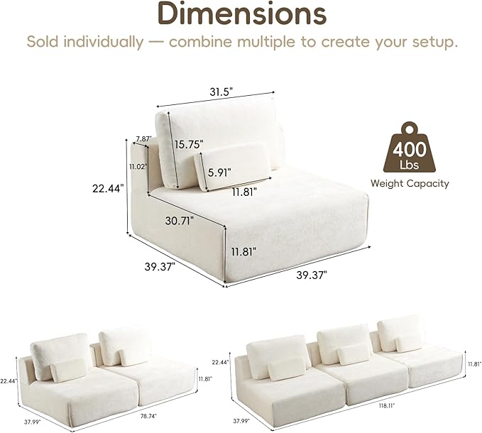 Modular Sectional Sofa Couch Plush Velvet Boneless Single Sofa Cozy Chair Flexible Convertible for Living Room &amp Small Spaces Deep-Seat No-Assembly 1-Piece