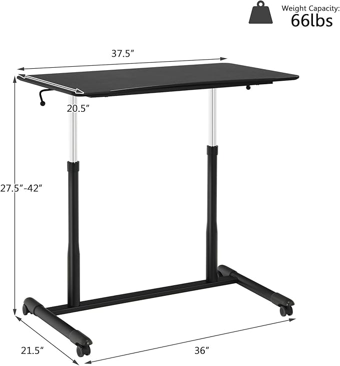 Tangkula Mobile Standing Desk Computer Desk Height Adjustable Stand Up Table with 4 Wheels Rolling Compact Standing Desk with Steel Frame MDF PVC Tabletop Ideal for Home Office (Black)