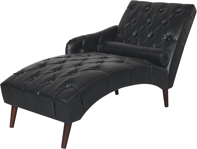 Luxury Indoor Recliner Chair with Pillow &amp Wooden Legs - Tufted Back &amp Arms PU Leather Lounge Chair for Living Room/Bedroom (Black)