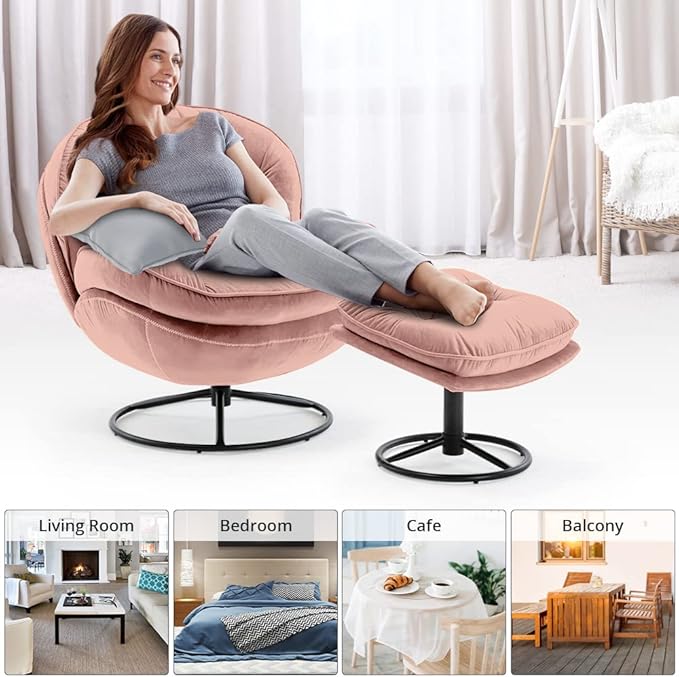Velvet Swivel Accent Chair with Ottoman Set Modern Lounge Chair with Metal Base Frame &amp Footrest Comfortable Single Leisure Sofa Chair Reading Chair with 360 Degree Swiveling for Living Room Pi