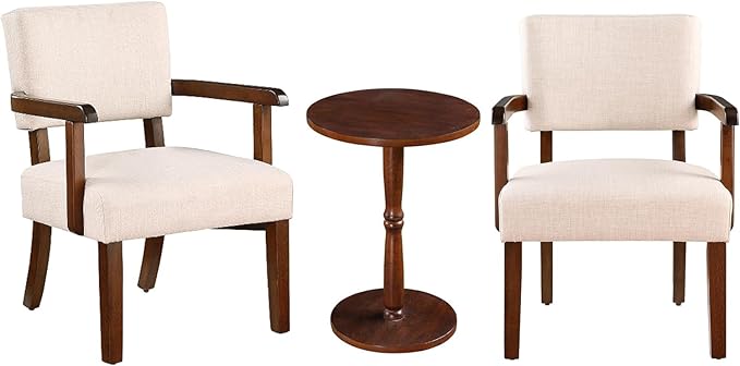 HMFULE 24.25'' Mid Century Accent Chair Set of 2 with Round Wood Table Modern Fabric Arm Chair for Living Room Bedroom Reading Room(Beige)