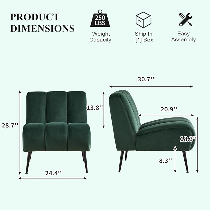 Modern Accent Chair Velvet Upholstered Fuzzy Club Chairs with Tufted Design Comfy Living Room Chair with Metal Legs Padded Reading Chair for Reading Room (Green-Velvet)
