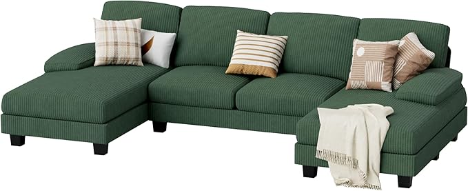 JUMMICO Sectional Couches for Living Room U Shaped Couch with Chenille Fabric 4 Seat Modern Sofa with Removable Pillows for Apartment and Small Space (Corduroy Light Green)