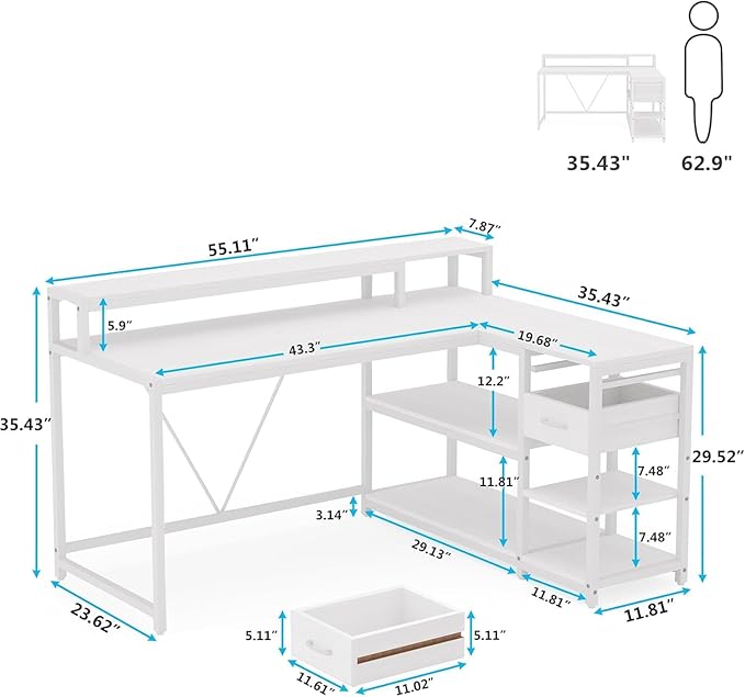 47'' L Shaped Gaming Desk with Power Outlets Reversible Corner Computer Desk with Monitor Stand Storage Shelves Side Bag Home Office Desks for Home Office Gaming (White 55 Inch)