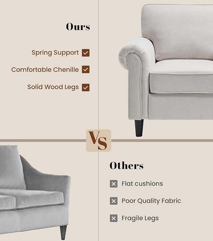Kingfun Loveseat 2 Seater Couch with Chair Mid Century Modern Chenille Sofa Set with Rolled Arms and Deep Seats Fluffy Comfort for Living Room Apartment Easy Assembly Beige