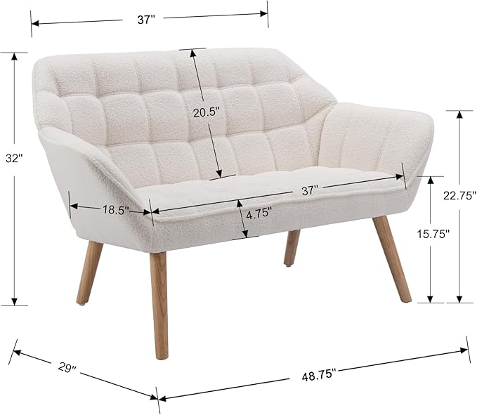 48”Small Loveseat Sofa Modern Sherpa Upholstered Mini Couch 2-Seater Fluffy Love Seat with Quilting Backs and Wood Legs for Living Room Bedroom and Small Space White