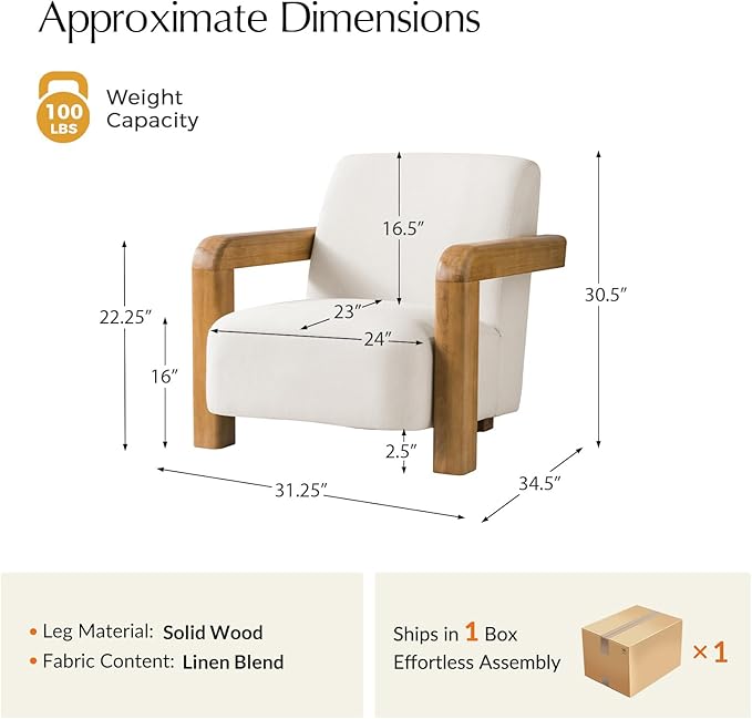 HULALA HOME Boucle Accent Chair Modern Low-Profile Leisure Armchair with Thick Padded Seat Cushion Solid Wood Frame &amp Curved Armrests Ideal for Living Room/Bedroom/Reading Corner(White)