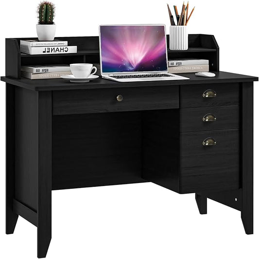 48 Vintage Computer Desk with 4 Storage Drawers &amp Top Hutch Home Office Workstation with Drawer &amp Monitor Stand Wooden Study Work Writing Table (Black)