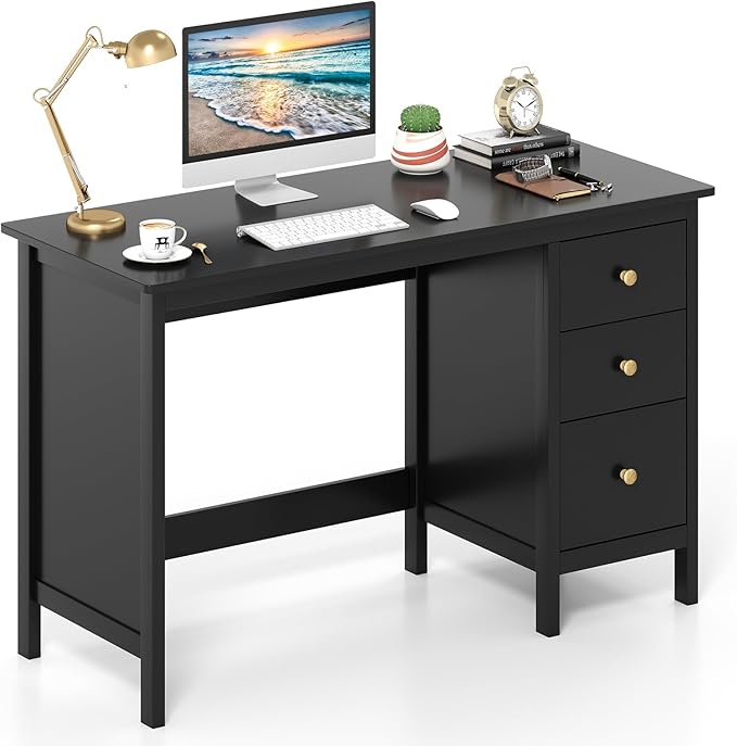 GOFLAME Computer Desk w/ 3 Drawers 48 Wide Writing Desk with Storage Laptop Study Desk w/Anti-tip Kit Modern Home Office Desk Wooden Workstation Vanity Table for Study OfficeBlack