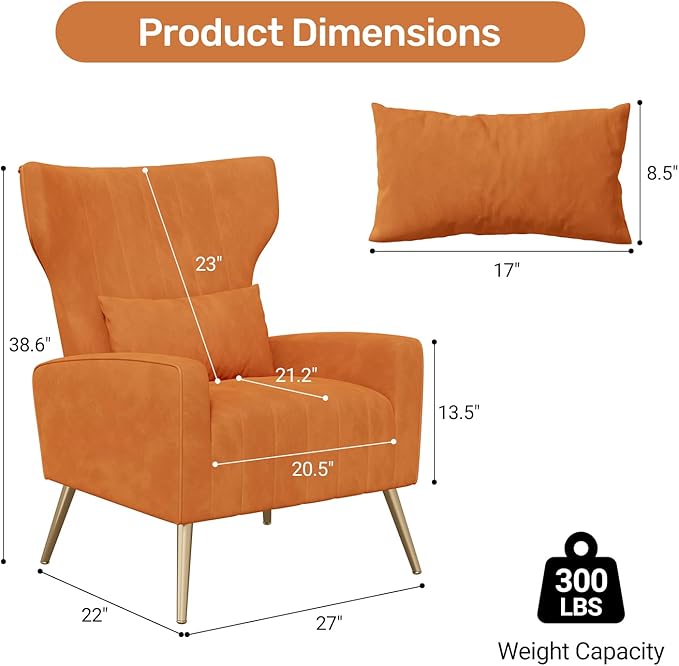 Velvet Accent Chair Set of 2Wingback for Living Room High Back Arm Chair with Golden Legs Lumbar Pillow Upholstered Single Sofa Bedroom Orange