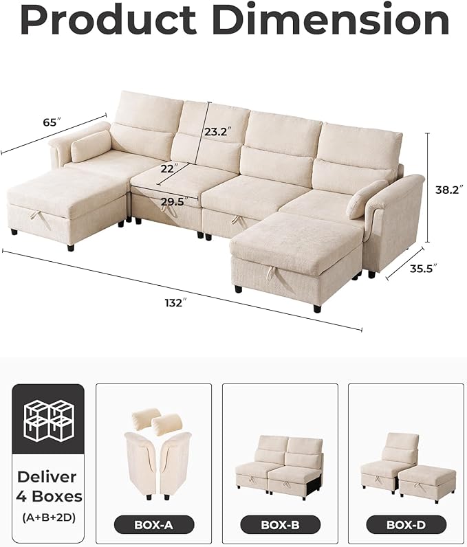 132'' Modular Sectional Sofa U Shaped Cloud Couch with Large Storage Deep Seat Sofa with Chaise 6 Seat Convertible Couches for Living Room Beige