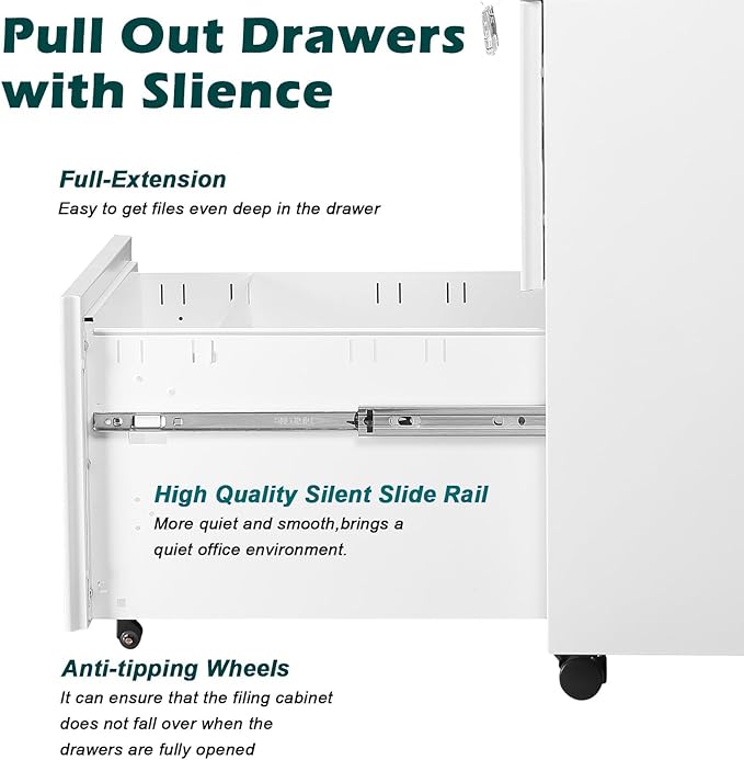 2 Drawer Mobile File Cabinet with Lock and Wheel Anti-tilt Design Metal Vertical Filing Cabinet Rolling Desk Filing Cabinet fits Letter/Legal Size for Home Office (White)