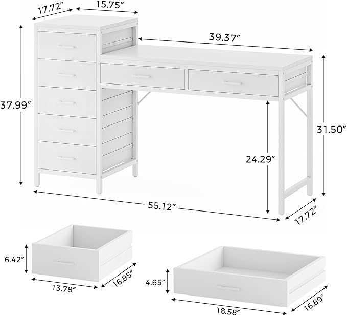 Computer Desk with Reversible Drawer 55 inch Home Office Desks with 7 Drawers Modern Compact Study Writing Table Workstation with Storage for Small Spaces All White