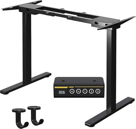 Dual Motor Electric Standing Desk FrameAdjustable height and lengthThe maximum size it can accommodate is 63*28 inches for the tabletop3 Preset HeightsRated for 264 pounds of weight.Black