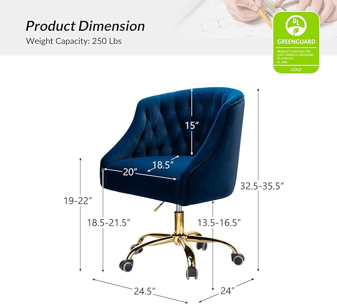 TINA'S HOME Velvet Home Office Chair with Gold Base Comfortable Modern Cute Desk Chair Adjustable Swivel Task Chair for Living Room Bedroom Vanity Study Navy