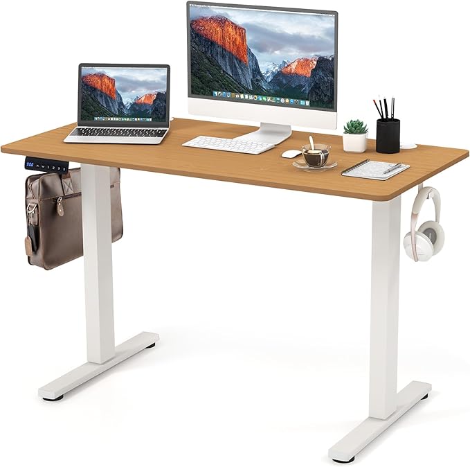 Giantex Electric Standing Desk Height Adjustable Stand up Desk with 3 Memory Heights 2 Hanging Hooks 2 Cable Management Holes Sit Stand Home Office Computer Desk (Natural 48x24 Inch)