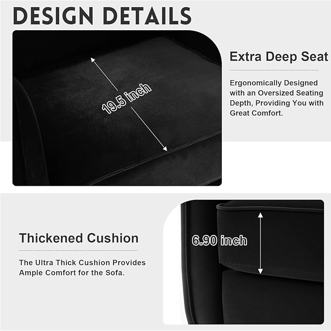 Velvet Accent Chair Mid Century Modern Single Arm Chair Comfy Living Room Reading Bedroom Lounge 6.3 Inch Upholstered Cushioned Black Metal Legs (Black Sofa Chair Set of 2)