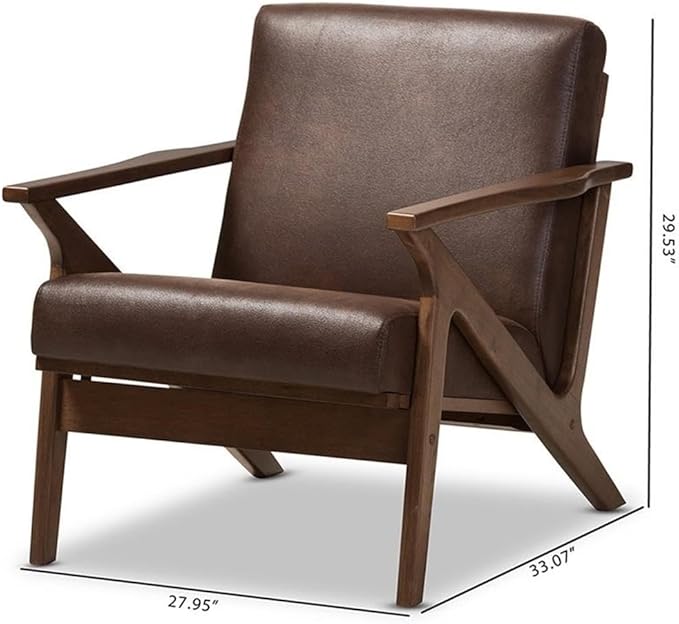 BOWERY HILL Faux Leather Accent Arm Chair Brown Distressed Upholstery Rubber Wood Frame Mid-Century Modern Style Removable Cushions 29.53'' H x 27.95'' W x 33.07'' D Living Room Seating
