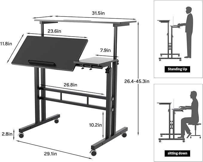 DlandHome Computer Desk Adjustable Rolling Desk Standing Desk 31.5L x 23.6W x 26.4-45.3H inch Black