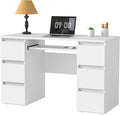 Computer Desk with 6 Drawers 47'' Home Office Desk with Storage &amp Keyboard Shelf White Gaming Desks Wood Vanity Desks for Bedroom Modern Corner Writing Table for Work Study (White)