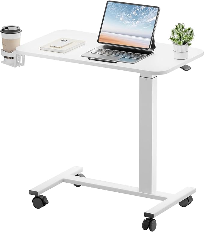 GTPLAYER Small Standing Desk with Lockable Wheels Pneumatic Mobile Rolling Laptop DeskAdjustable Height Overbed Bedside Table Computer Workstation for Home Office (28 W x 16 D White)