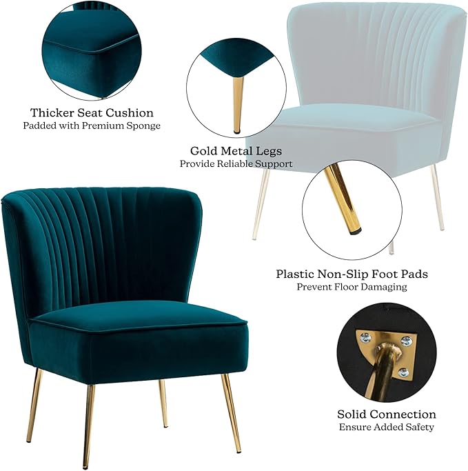 TINA'S HOME Velvet Accent Chair Set of 2 with Metal Golden Legs Upholstered Armless Slipper Chair with Wingback Mid Century Side Chair for Living Room Bedroom Makeup Vanity- Teal