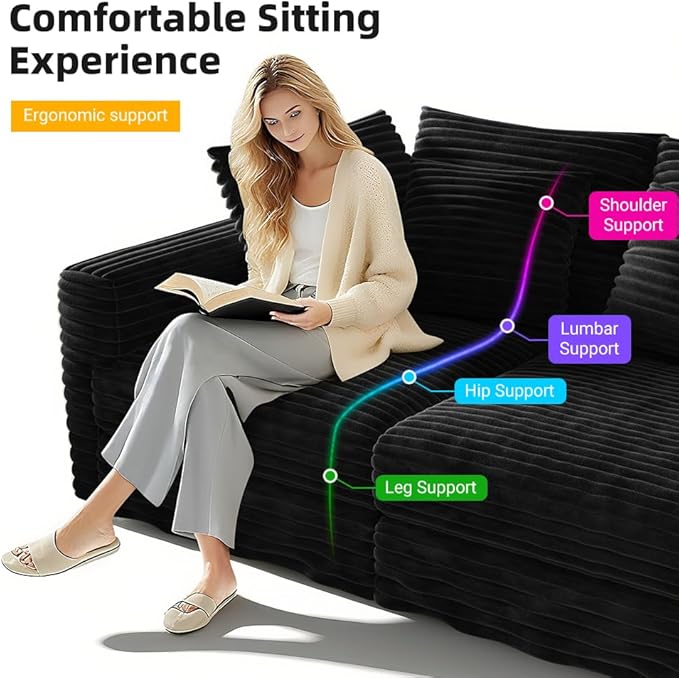 Cloud Couch Modular Sectional Sofa Fluffy 4 Seater Corduroy Cloud Sofa Couch 102.4'' Oversized Chaise Lounge Sleeper Sofas Deep Seat Sectional Couches for Living Room Black