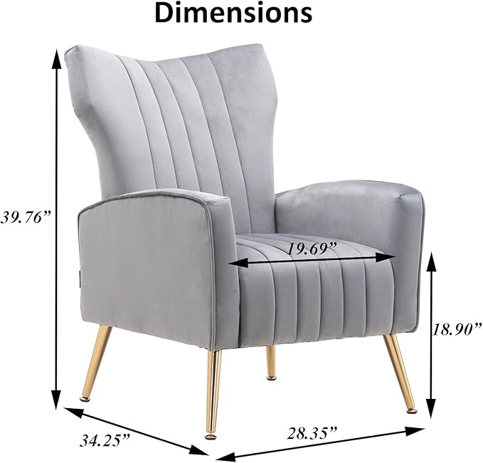 Velvet Accent Chair Modern Wingback Comfy Chair Tufted Reading Armchair with Gold Legs for Living Room/Bedroom Grey