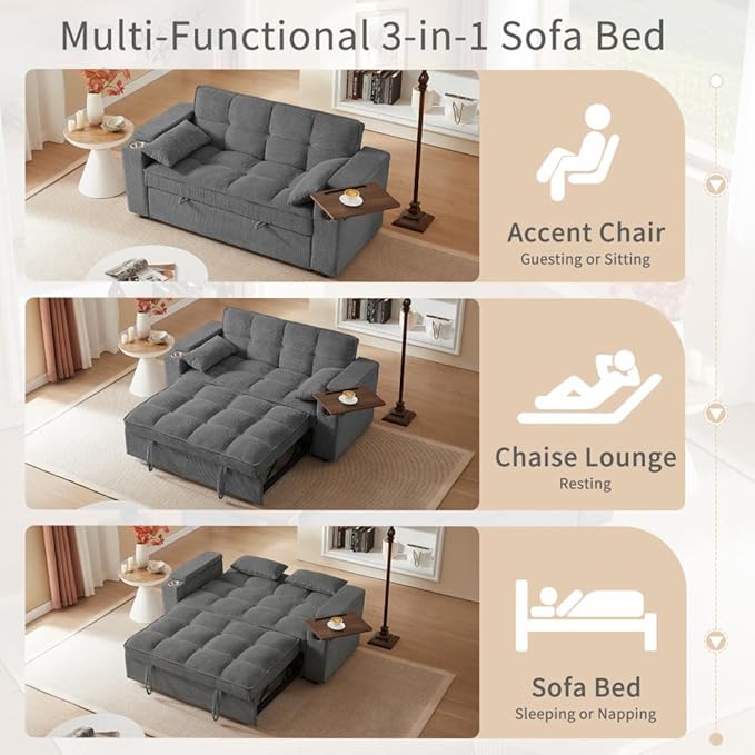 65'' Convertible Sleeper Sofa Bed with Adjustable Backrest Chaise Lounge Side Table &amp USB/Type-C Ports – Stylish &amp Functional Addition to Any Living Room (Dark Grey Sofa Bed)