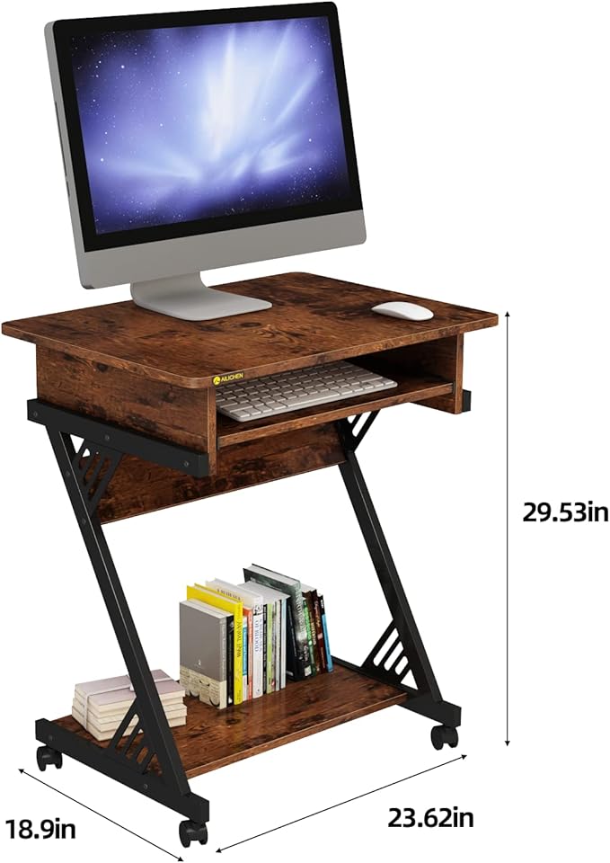 23.5 Inch Small Home Office Desk Study Writing TableMobile Computer Desk with Keyboard Tray Z-Shaped Compact Study TableSmall SpacesSturdy Study Writing Desk for Laptop (Brown)