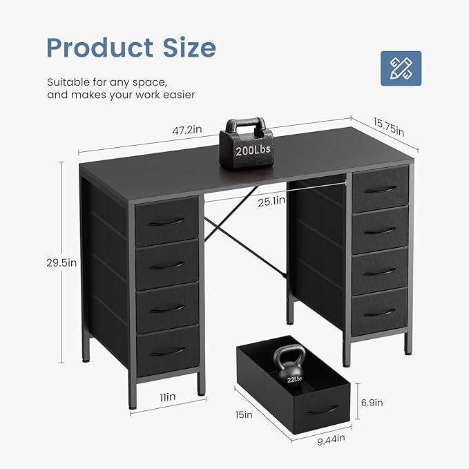 DUMOS 47 Inch Computer Desk with 8 Fabric Drawers Office Gaming Desk with Storage Writing Study Table with X-Shaped Reinforced Structure Black