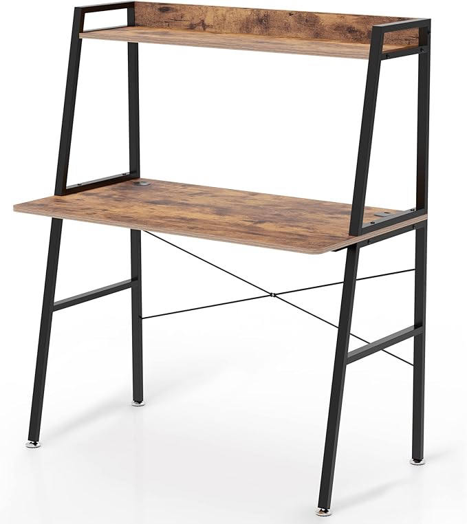 DESIGNA Small Computer Ladder Desk with Storage Shelves 43 Inch 2-Tier Home Office Students Study Writing PC Gaming Table with Bookshelf Modern Workstation for Space Saving Metal Frame Rustic Brown