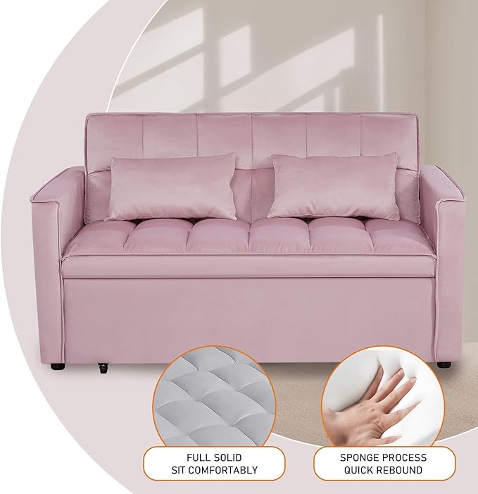 3 in 1 Convertible Sleeper Sofa Futon BedModern Velvet Pull Out Couch Bed with Reclining Backrest&amp2 Pillows54 Full Size Small Love Seat Lounge Couches for Small SpacesLiving Room (Pink)