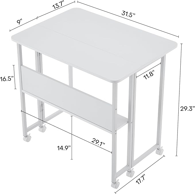 Small Folding Desk Rolling Table Portable Foldable Desk on Wheels Space Saving Computer Table Writing Workstation for Home Office Easy Assembly (White 22.8 D x 31.5 W x 29.53 H)