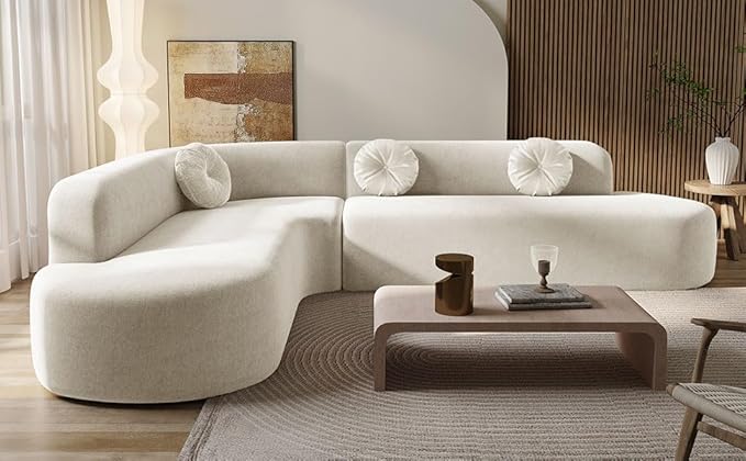 122'' Large Curved Sectional Sofa Modern Elegant L-Shaped Couch Fabric Upholstery with 3 Round Cushions Curved High Resilience Couch Sofas 4 Seater for Living RoomApartmentBedroom-White