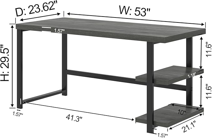 EXCEFUR Industrial Computer Desk Home Office Desk with Storage Shelves Wood Study Writing Table for Bedroom Living Room Grey 53 Inch