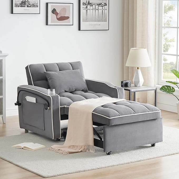 3 in 1 Convertible Sleeper Chair Modern Pull Out Couch Bed Single Recliner with Adjustable Back Velvet Futon Folding Sofa Bed Chair for Living Room Bedroom Small Spaces (Gray-2)