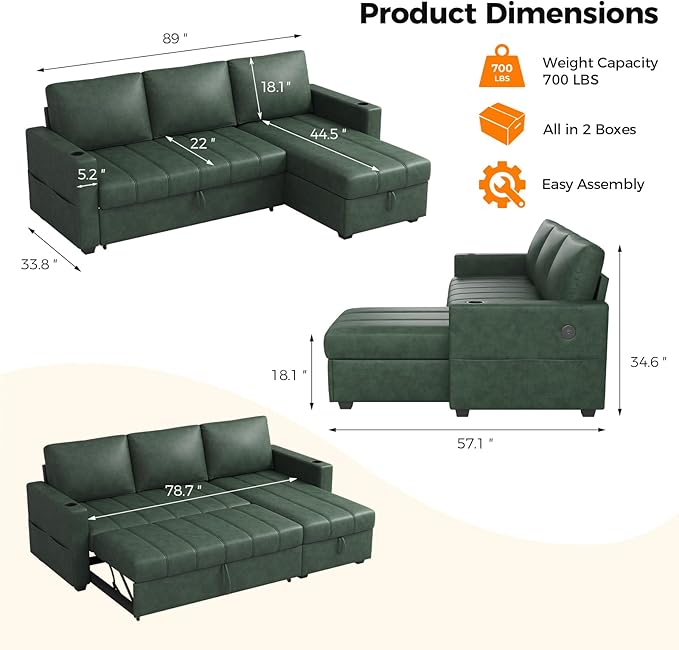 Fadware 89” L Shape Sofa Sleeper Sectional Sofa Bed with Hidden Storage&amp Side Pocket Anti-scratch Faux Leather Couch Bed with ChargePort&amp CupHolder Modern Piano Design Pull Out Couch for Li