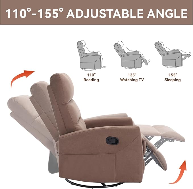 Swivel Rocker Recliner Chair for Adults Rocking Recliner Chair Rocker Nursery Glider ChairRocker Recliners for Small Spaces Manual Recliner Single Sofa for Living Room NurseryRV(Brown)