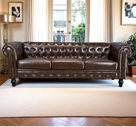 88.2 PU Leather Upholstered Chesterfield Couch Modern 3 Seater Sofa with Tufted Back and Square Arms Nailhead Sofa for Living Room/Office/Apartment/Small Space Black
