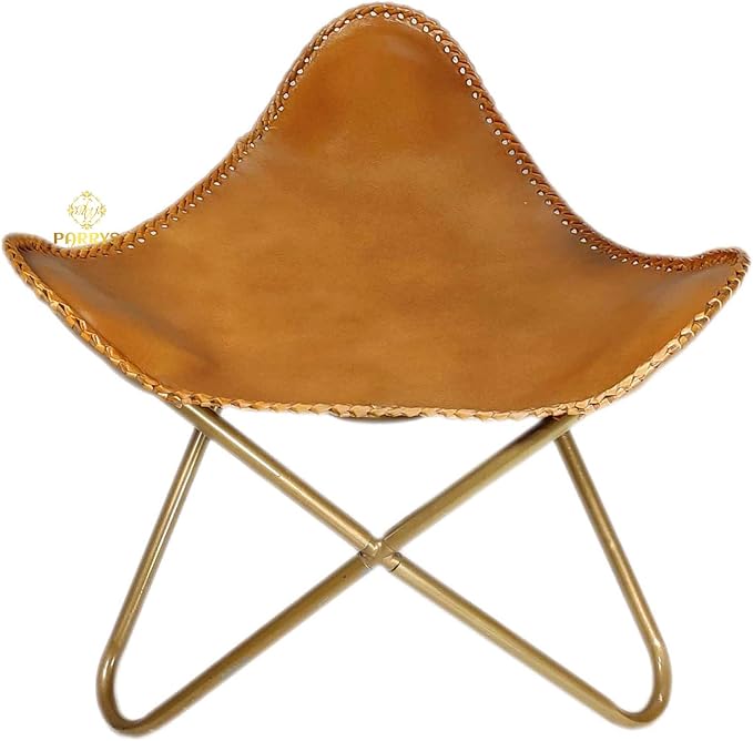 Handmade Brown Leather Butterfly Chair with Ottoman - Powder Coated Iron Frame Foldable Chiar Stool for Outdoor Indoor
