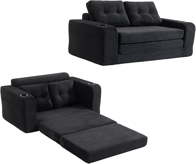 53'' Folding Sofa Bed Boneless Loveseat Sleeper Sofa 2 in 1 Convertible Foldable Pull Out Sofa Bed with Pillows Comfy Cloud Floor Couch for Living Room Small Space No Assembly (Black)