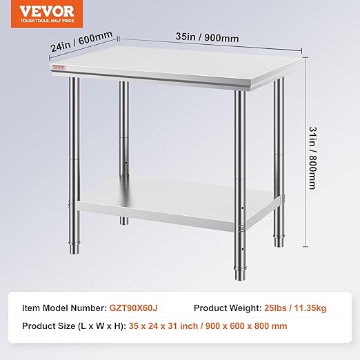 Vevor Stainless Steel 900x600x800 mm Commercial Kitchen Prep &amp Heavy Duty Metal Work Table with Adjustable Feet for Restaurant Home and Hotel : Industrial &amp Scientific