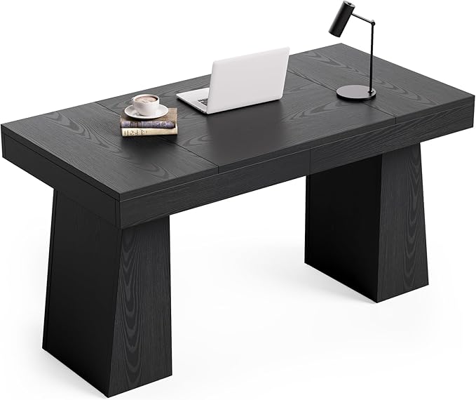1Easylife 55 Inches Long Computer Desk Large Wooden Home Office Desk with Heavy Duty Pedestal Modern Simple Style Study Writing Desk for Home Office Black
