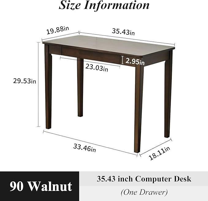 Solid Wood Computer Desk with Drawers Modern Writing Desk for Home Office Mid Century Modern Desk Oak Study Table 35.4x19.9x29.5 inches (Single Drawer) Walnut