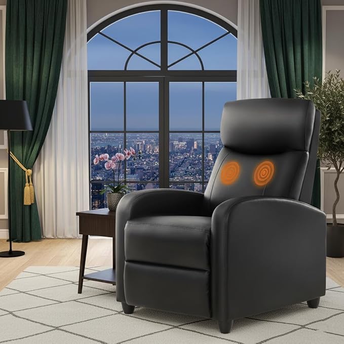 Simple Deluxe Massage Recliner Chair - Adjustable PU Leather Recliner Luxe Reading Chair &amp Sofa Chair for Living Room Chairs or Bedroom Chair Small Recliner for Home Theater Black