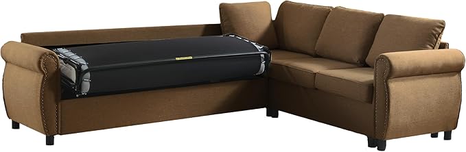 TTK 104 L-Shaped Convertible Sectional Sofa Bed 6-Seater with Pull Out Queen Size Daybed Memory Foam Mattress &amp Arms Easy Assembly Riveted Sofa for Living Room Brown